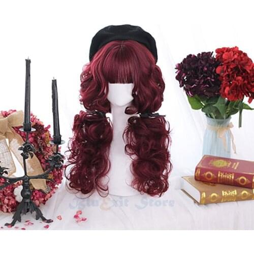 Red Lolita Wig Harajuku Fairy Long Curly Sweet Bangs Korean Japanese Girls Cosplay Wine Red Synthetic Hair