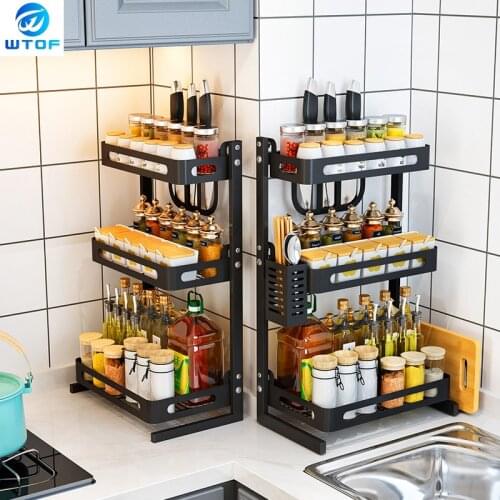2/3 Layers Kitchen Rack Spice Organizer Multi-function Wall Hanging Floor Stainless Steel Knife Holder Storage Shelf Countertop