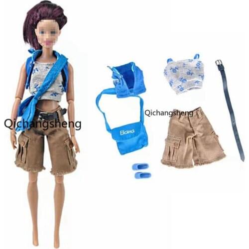 Fashion Blue Crop Tops 1/6 BJD Doll Outfits Set For Barbie Clothes Coat Vest Shorts Belt Bag Shoes 11.5" Dolls Accessories Toys