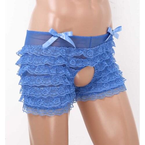 Alvivi Mens Sissy Bikini Briefs Mid Rise Slips Transparent Lace Underpants Open Crotch Underwear Men Thong Panties Lingerie