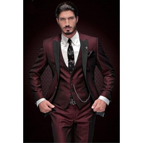 Wine Red Mens 3 Piece Suit with Black Peak Lapel Slim Fit Tuxedos Groomsman