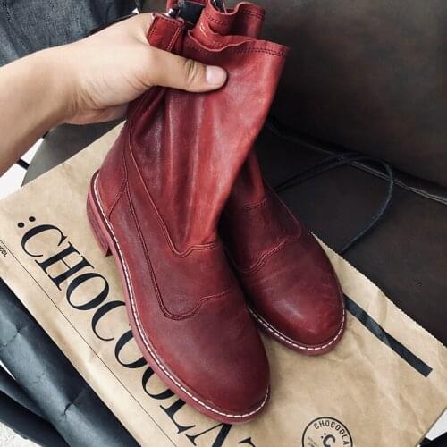 New Designer Handmade Genuine Leather Women Short Boots Round Toe Soft Sheepskin Chunky Heel Slip On All Match Women Ankle Boots