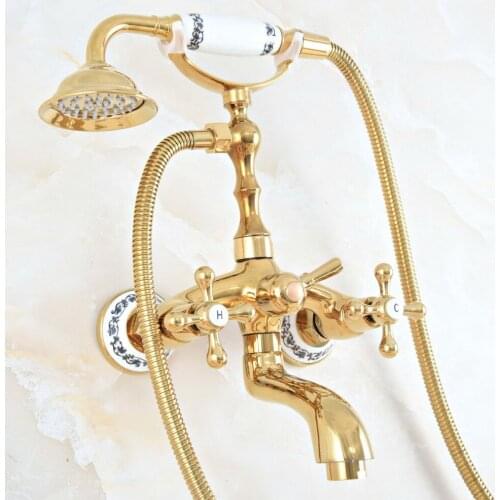 Luxury Polished Gold Color Brass Bathroom Wall Mounted Clawfoot Tub Faucet Taps Set With Hand Held Shower Head Spray mna805