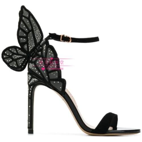 Moraima Snc Butterfly-knot High Heel Sandal Summer Open Toe Ankle Strap High Heel Shoes Crystal Embellished Wings Shoe
