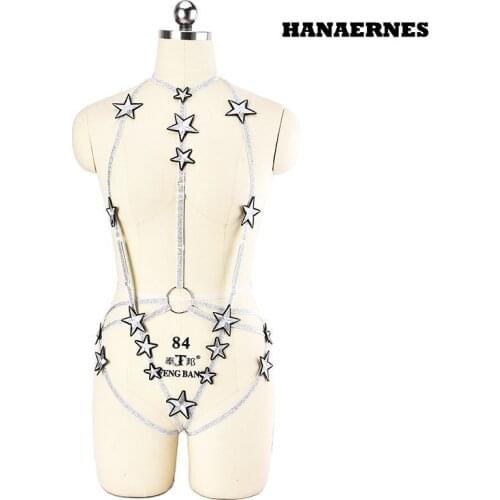 Silver Goth Pentagram Body Harness Set Punk Pole Dance Harness Bra Rave Star Leg Garter Belt Bondage Sexy Lingerie Body Cage Set