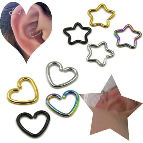 Showlove 1pcs Heart&Star Ear Helix Tragus Cartilage Studs Rings Piercing Earrings Nose Ring Body Jewelry