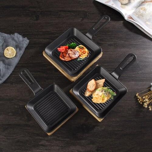Teppanyaki Pan Barbecue Fried Steak Plate Non-stick Cast Iron BBQ Plate WIth Wooden Stand Baking Pan Long Handle Serving Tray