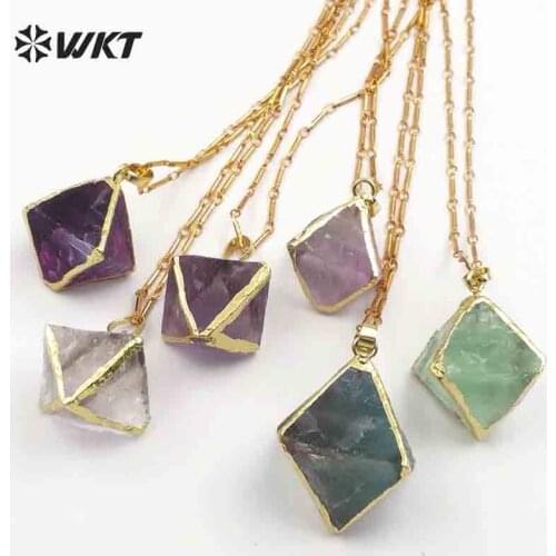 WT-N1142 WKT Random Size Natural Rainbow Fluorite Stone In Dice Shape With Gold Trim Healing Crystal Bohe Necklace Best Gift