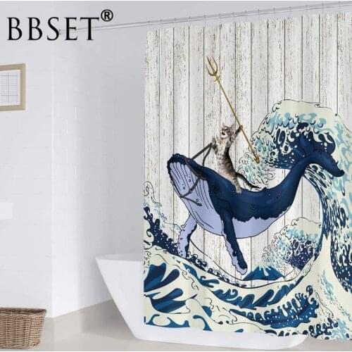 Funny Animals Shower Curtain Cat Rides A Whale To Fight Pattern Waterproof Multi-size Douchegordijn Bathroom Decor with Hooks