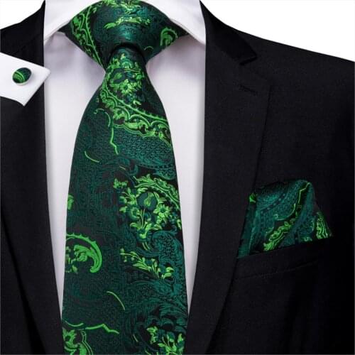 Green Ties for Men Silk Floral Necktie Luxury Neck Tie Handkerchief Cufflink Set Ties for Wedding Party Hi-Tie C-3206 Wholesale