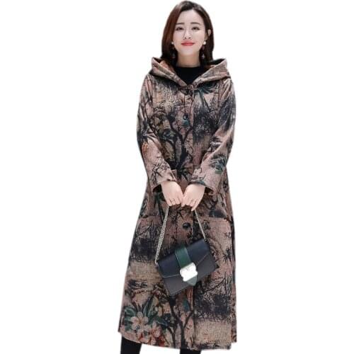 Printing Retro long coat female Autumn winter new Hooded Windbreaker coats Large size women plus velvet thickening Woolen coats