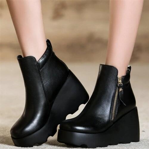 High Top Oxfords Shoes Women Cow Leather Wedges High Heel Ankle Boots Female Round Toe Chunky Platform Pumps Shoes Casual Shoes