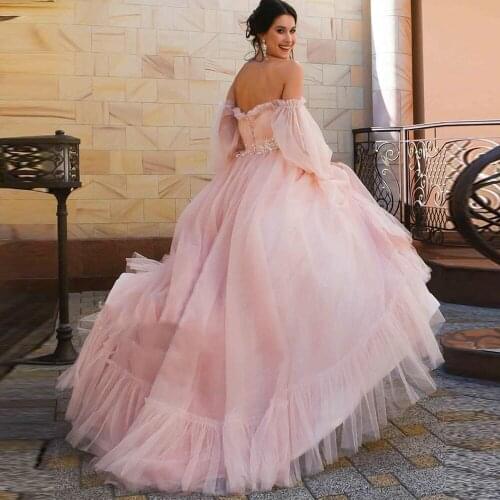 Off shoulder Pink Ball Gown Wedding Dress Simple Puff Sleeves Bride Dresses Soft Tulle Robe de Mariee Fast Shipping