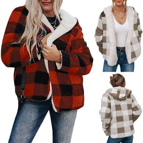 Y2K womens retro plaid stripe printed double-sided plush coat in autumn winter plus velvet warm cotton jacket cardigan jacket