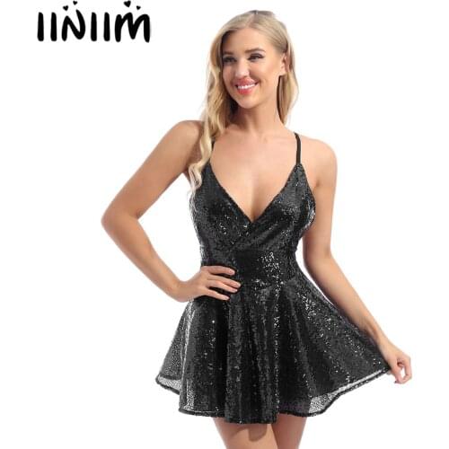 Women Deep V Neck Sequin Dress Ladies Adjustable Spaghetti Strap Sleeveless Backless Dresses Nightclub Stage Performance Costume