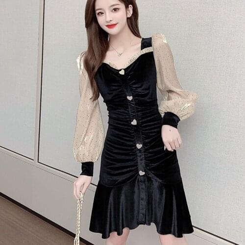 Winter Velvet Dress Women Button V-Neck Long Sleeves Black Dress Elegant Natural Waist New Fashion Party Knee-Length Skirt
