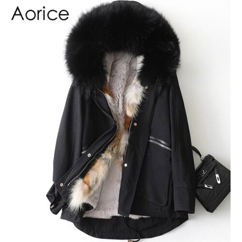 Aorice Women Real Fox Fur Collar Coat Jacket Female Rex Rabbit Liner Long Parka Trench A41623