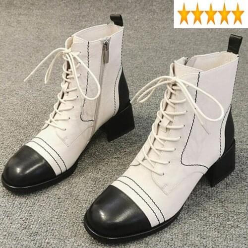Fashion Ankle Women Lace Up Round Toe Block Heel Leather Motorcycle Boots Casual Ladies Winter Fleece Lining Shoes