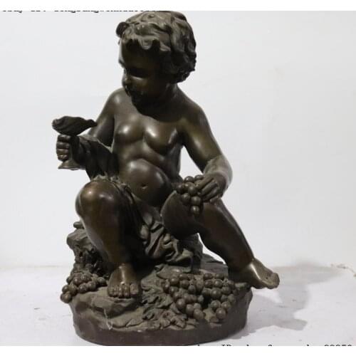 Western Bronze Seat Stone Naked Kid Boy Child Grape Art Deco Sculpture Statue