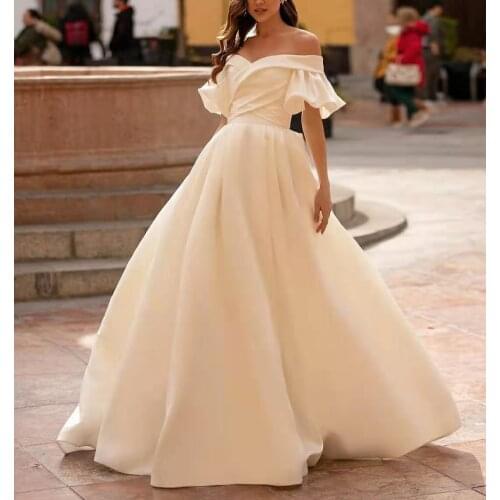 Elegant Long A-Line Satin Wedding Dresses with Pockets Floor Length Pleated V-Neck Abendkleider Maxi Bridal Gowns for Women