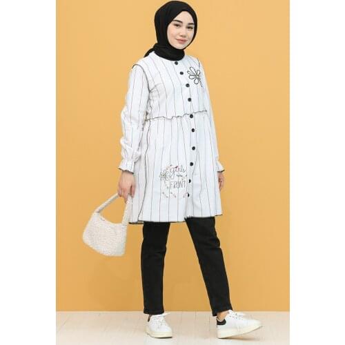 Ecru Color Button Striped Tunik Hijab Top Clothes Muslim Fashion Large Size