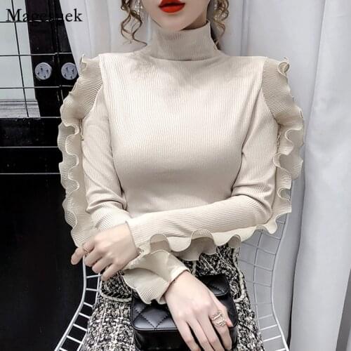 Cotton Knitted White Blouse Women Spring Autumn Long Sleeve Women Tops And Bloues Turtleneck Ruffles Vintage Blouse Femme 12063