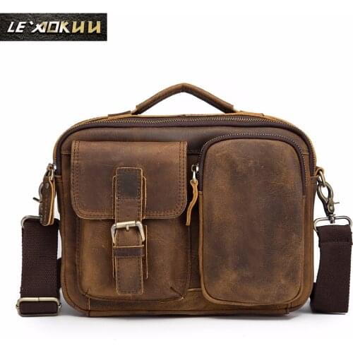 Quality Original Leather Male One Shoulder messenger bag cowhide fashion Cross-body Bag 8" Pad Tote Mochila Satchel bag 036d