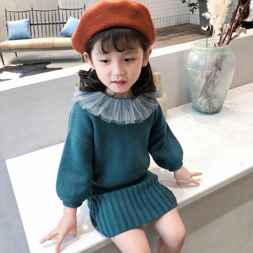 Qunq Girls Sweater Set Knitted Coat + Slip Dress Two Piece Winter Spring Kids Clothes for Girl 2021 New Fashion Children Suits