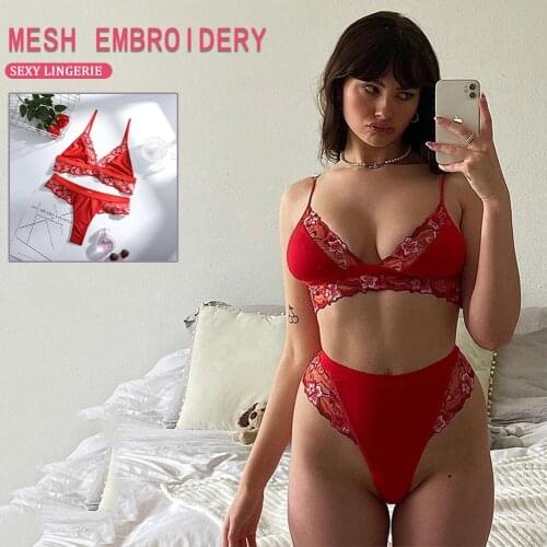 Sexy Underwear Set Mesh Lace Sexy Women 2-piece Floral Embroidered Bra Panty Set Red Patchwork Sexy Lingerie Push Up Bras