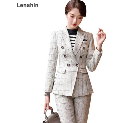 Lenshin High Quality 2 Piece Set Elegant Formal Pant Suit Plaid Blazer Office Lady Uniform Design Women Business Jacket and Pant