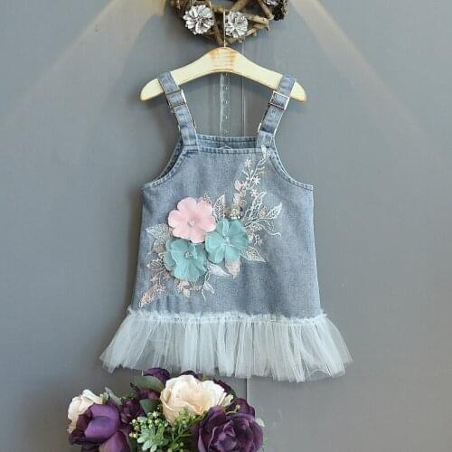 Summer Girls Denim Dress Boutique Flower Applique Kids Party Clothes for Girl 2021 New Toddler Children Mesh Suspender Dress