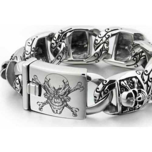 LINSION Huge Heavy 316L Stainless Steel Deep Laser Engraved Pirate Skull Mens Boys Biker Rock Punk Bracelet 5T102
