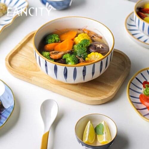 FANCITY Japanese dishes set household eating bowl instant noodle bowl with lid ceramic soup bowl creative tableware