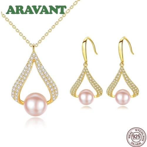 Genuine 925 Silver Jewelry Set Water Drop Natural Freshwater Pearl Drop Earrings Pendant Necklace Gold Chains For Women Gift