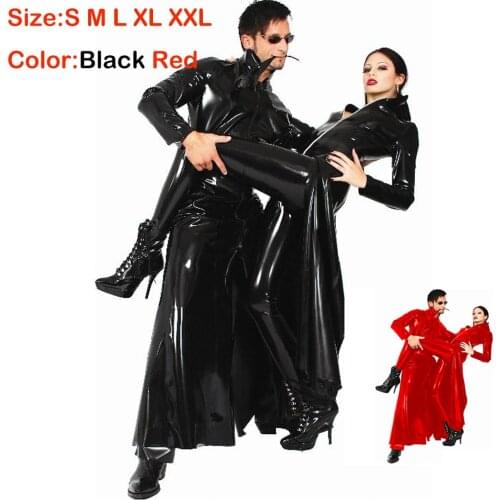 New Arrival Gothic Unisex PVC Leather Cloak Cool Black Red Long Trench Coat Catsuit Halloween Party The Matrix Cosplay Costume