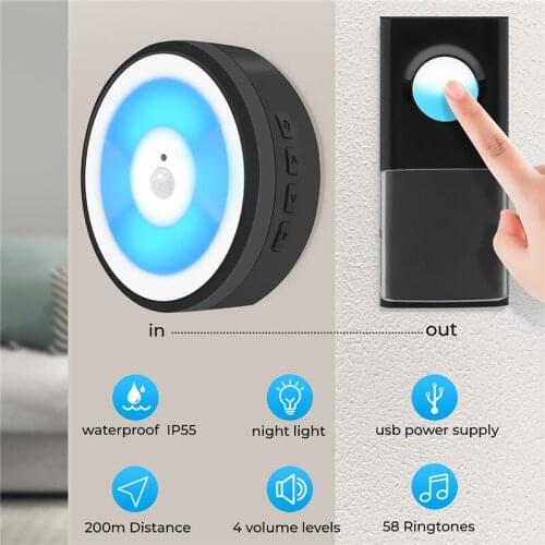 USB Powered IP55 Waterproof Wireless Smart Doorbell Door Bell Ring Chime Call 433MHZ LED Night Light Home Plug-Free