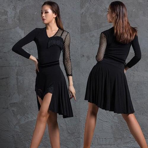 Women Latin Dance Dress Sexy Black Stitching Grids Dress Latin Performance Dance Costumes Latin Competition Dance Dress DQS5997