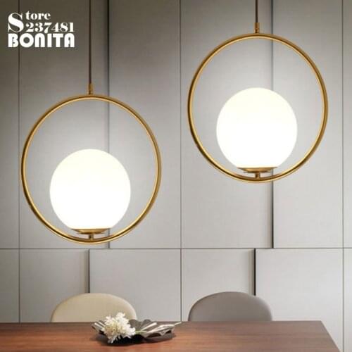 Simple Gold brass Ring pendant lighting for restaurants Milky glass ball Planet cord pendant light