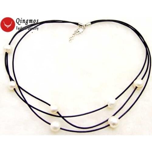 Qingmos 10-11mm Potato Natural Freshwater White Pearl Necklace for Women with Black Leather 3 Strands Long Necklace 19-21"