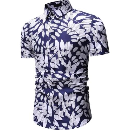 New Casual Shirt Men Summer Beach Hawaiian Shirt Leaf Printed Short Sleeve Shirts Men Dress Single Breasted Slim Fit Mens Shirt