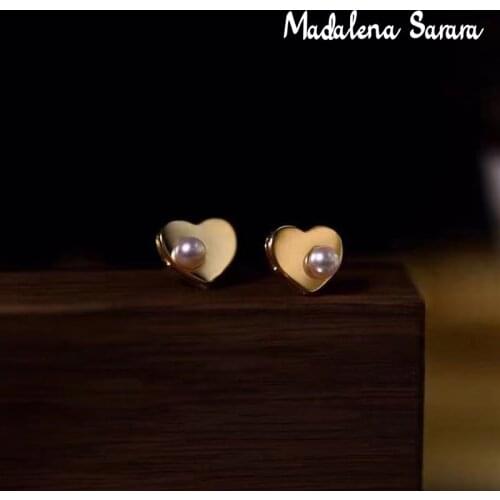 MADALENA SARARA 18K Gold Freshwater Pearl Stud Earrings with Exquisite Love Design Matte/Glossy Elegant and Romantic