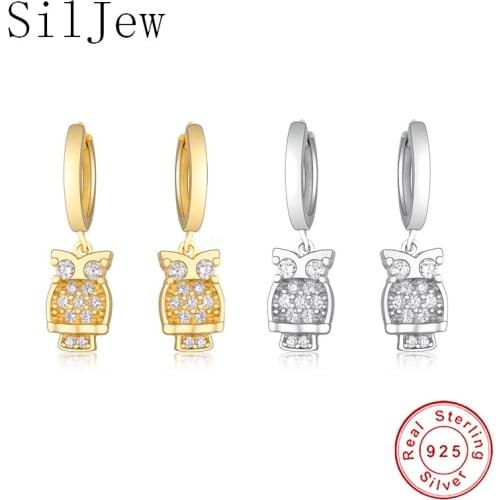SilJew Women Authentic Fashion 925 Sterling Silver Animal Owl Dangle Hoop Earrings Girls Round Earrings Jewelry Oorbellen