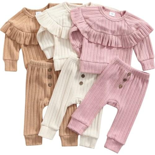 0-24M Kids Solid Color Sweater Set, Long Sleeve Round Neck Tops Buttoned Elastic Waist Long Pants