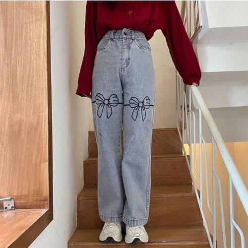 Retro Personality Bow Embroidered Jeans Womens High-waisted Wide-leg Straight-leg Pants Loose and Thin Ins Old Pants Trend