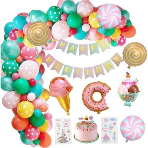 Candy Land Theme Balloon Garland Ice Cream Donuts Foil Balloons Girl Birthday Party Set With Birthday Banner Sticker Cake Topper