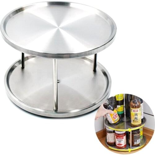 Rotating Shelf Spice Tray Holder Turntable 2 Tier Stainless Steel 360 Degree Spinning Spice Rack Holder for Kitchen
