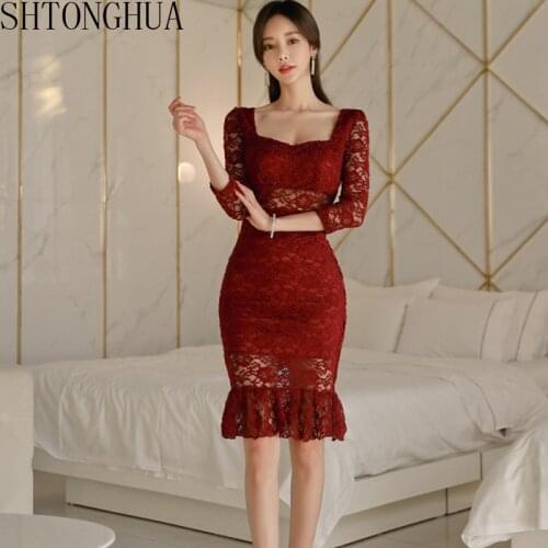 High Quality Sexy Club & Party Dress Women Slim Lace Dresses Ladys Elegant Spring Summer Red wine Dress vestido