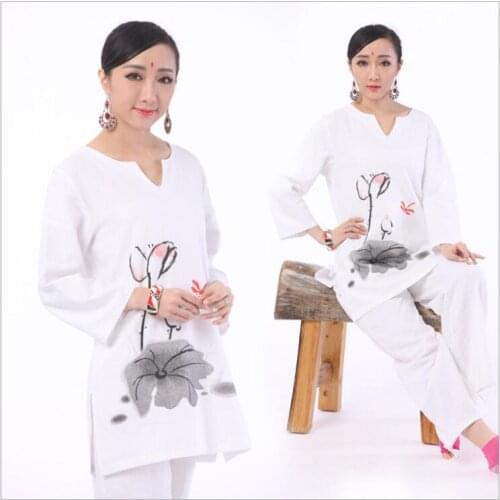 High-end Materials cotton hemp long sleeve Yoga set Jacket + Pants printing Ink Lotus Tai Chi Zen Yoga Linen Cotton muse suits