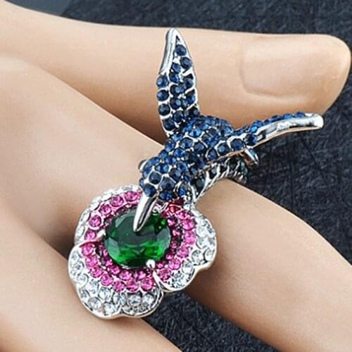 Zlxgirl jewelry High quality cheap price bird shape wedding rings for women Enamel rhinestone finger rings flower anel aneis