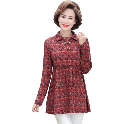 Lapel Floral Pullover For Women 5XL Bottoming Shirt Long Sleeve T-shirt Middle Age Mother Tee Tops 2021 New Arrivals